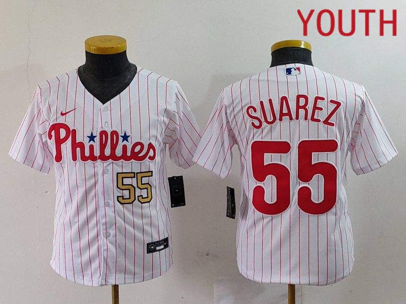 Youth Philadelphia Phillies #55 Suarez White stripe Nike Game 2024 MLB Jersey style 2->youth mlb jersey->Youth Jersey